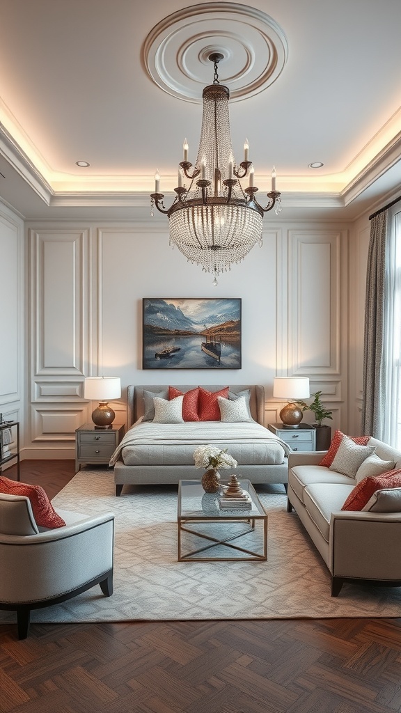 A stylish living room featuring a beautiful chandelier, elegant furniture, and warm decor.