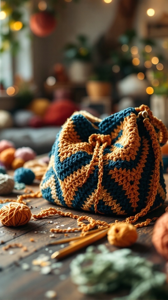 A vibrant crochet bag with blue and orange stripes, surrounded by colorful yarn balls on a wooden table.