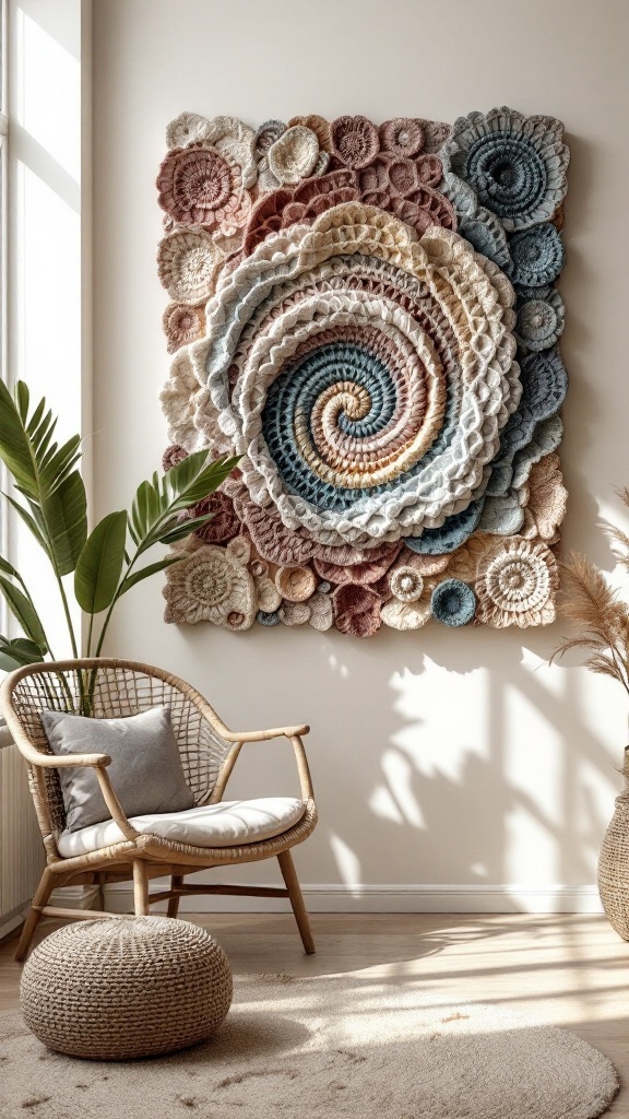 A colorful crochet wall sculpture featuring a spiral design, accompanied by a rattan chair and plants.
