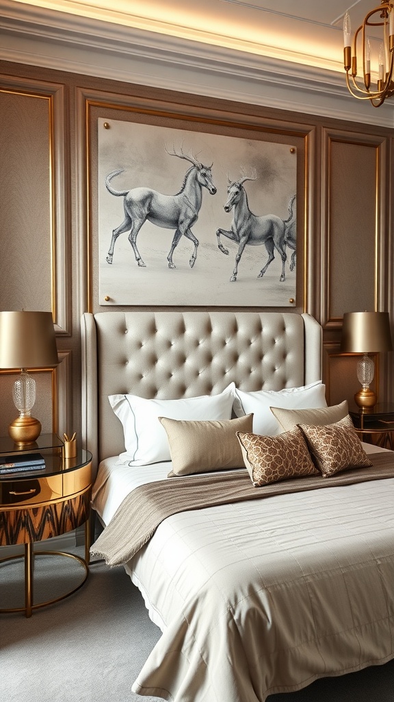 A luxury bedroom with a stylish bed, elegant headboard, artistic wall decor, and chic nightstands.