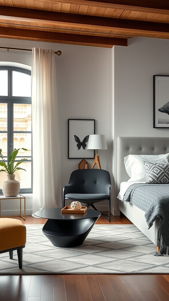 A stylish bedroom featuring a black chair, unique coffee table, and warm wooden beams.