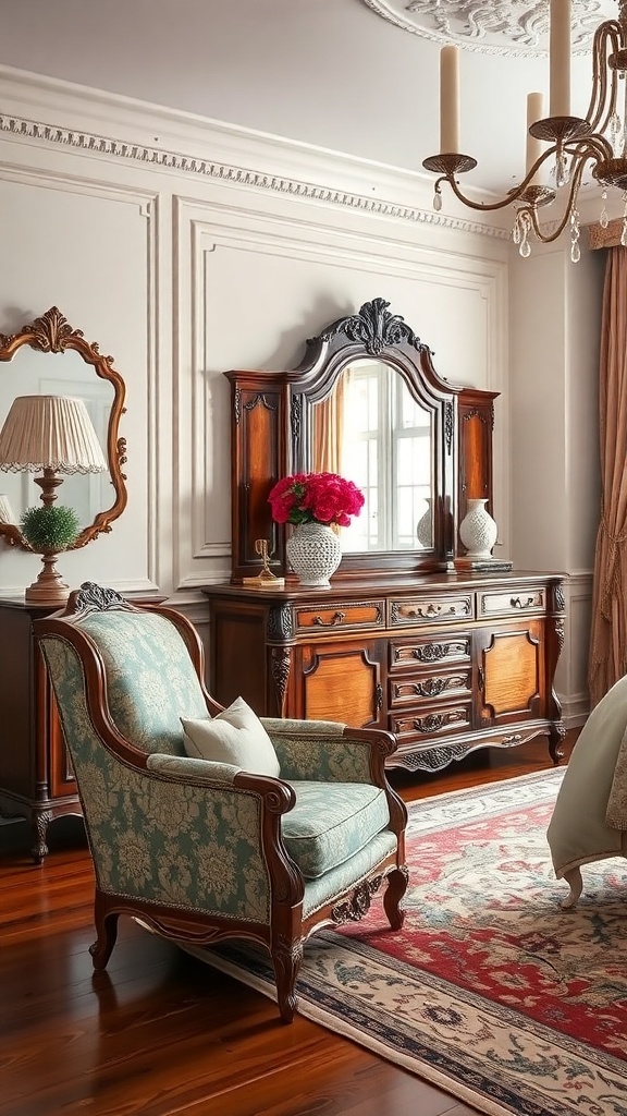A luxurious bedroom featuring a statement armchair, an ornate mirror, and a beautifully crafted wooden dresser.