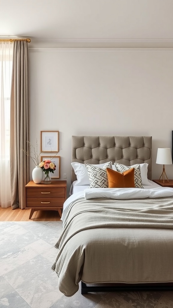 Cozy bedroom featuring a tufted beige headboard, warm-toned pillows, and stylish decor.