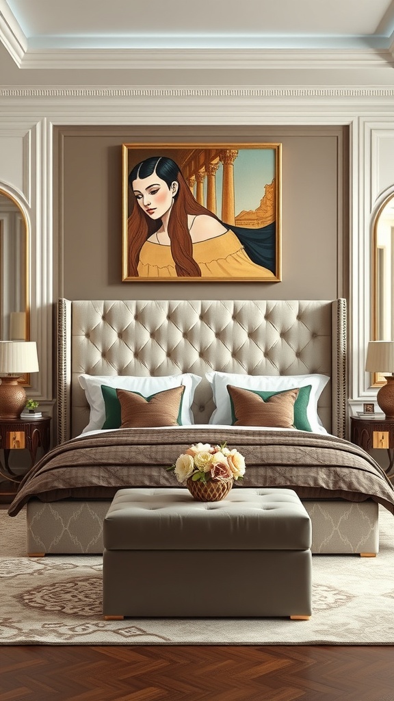 Luxurious bedroom featuring a tufted headboard, elegant decor, and artwork above the bed.