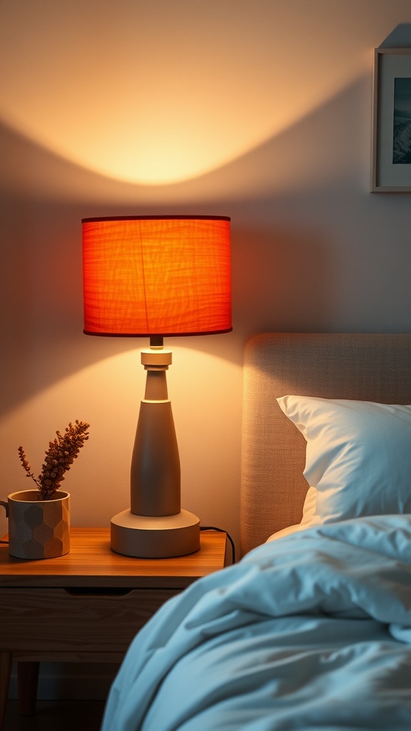 A stylish bedroom featuring a statement lamp with a burnt orange shade, highlighting the cozy atmosphere.