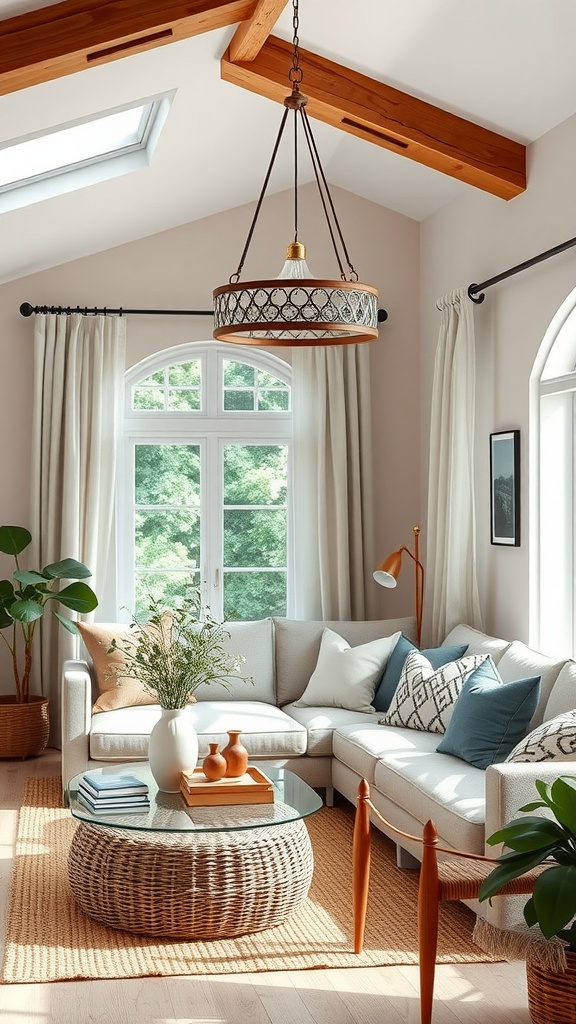 A cozy family room with a statement lighting fixture hanging from the ceiling, surrounded by a comfortable sectional sofa, decorative pillows, and natural elements.