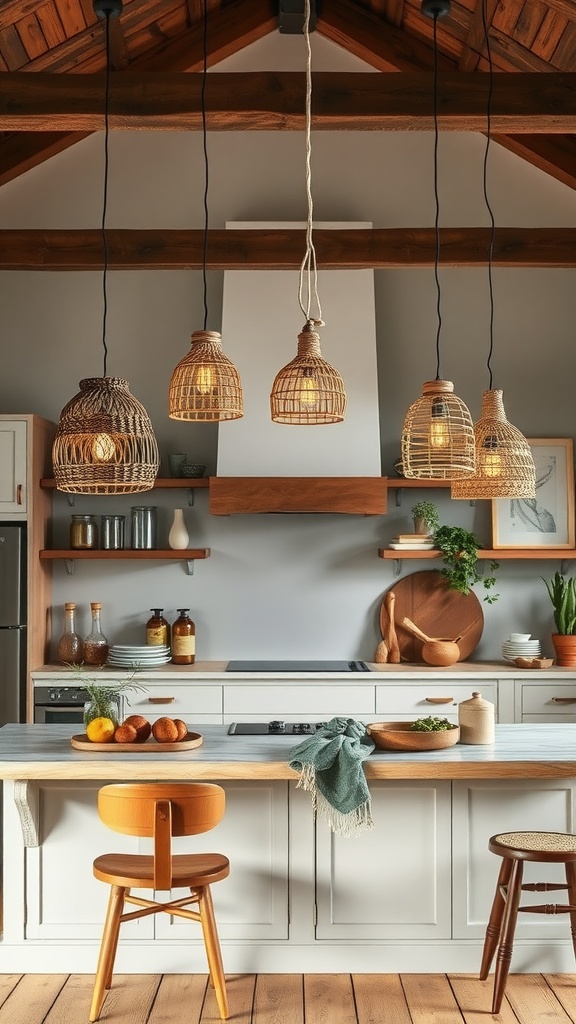 Stylish boho kitchen with woven pendant lights hanging above a wooden countertop