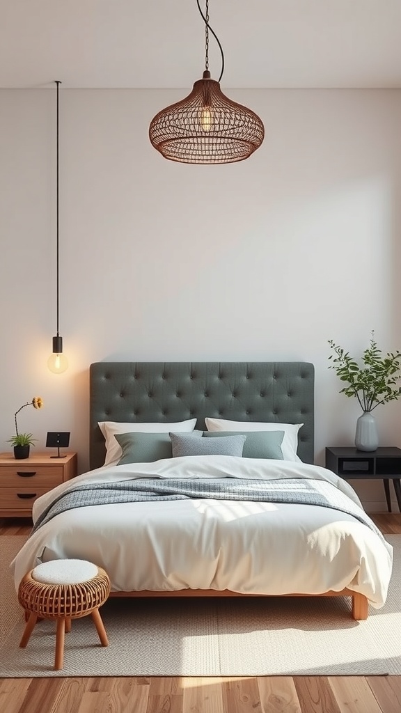 A Japandi bedroom featuring a woven pendant light and a minimalist side table lamp.