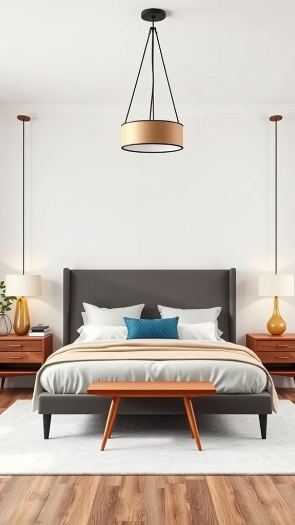 A mid-century modern bedroom featuring a stylish pendant light, bedside lamps, and a cozy bed.