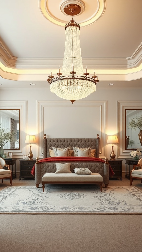 A luxury master bedroom featuring a stunning chandelier, elegant bed, and stylish decor.