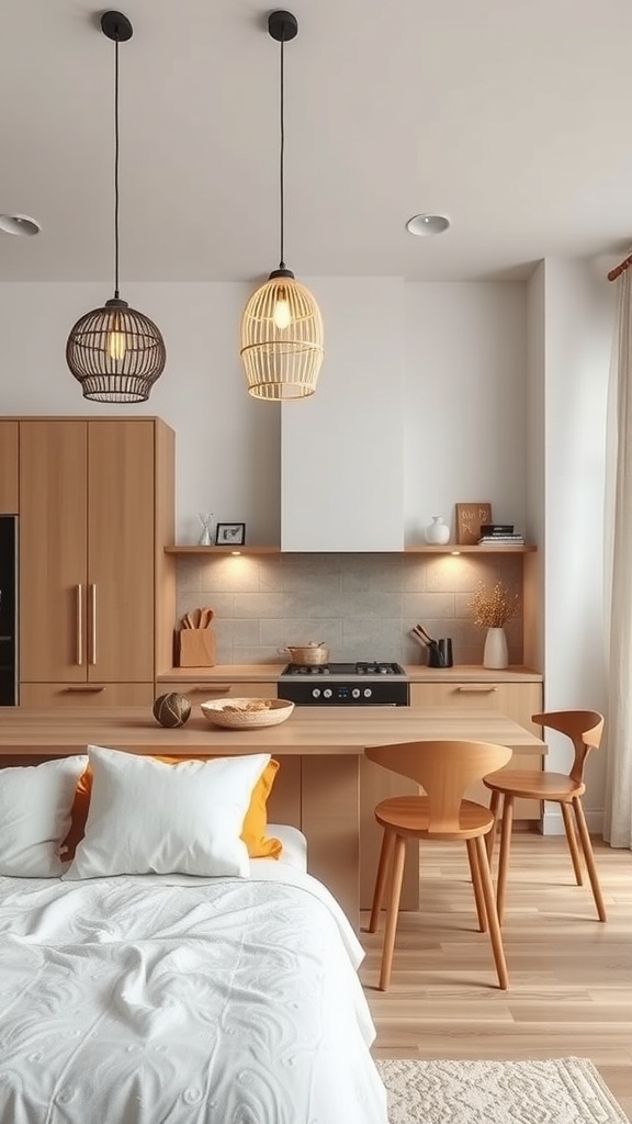 A modern Japandi kitchen featuring three unique pendant lights above a wooden kitchen island.