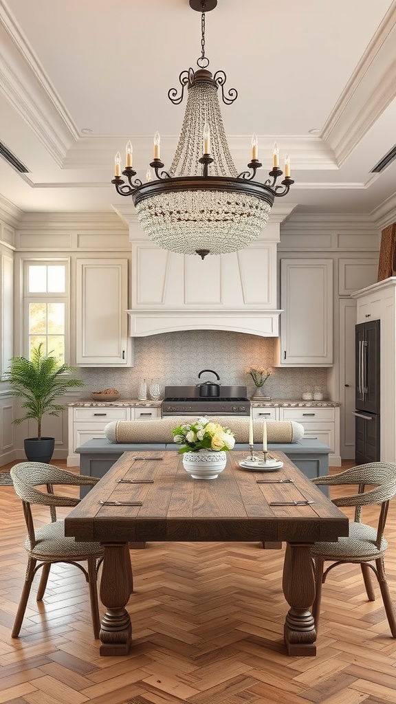 A stylish kitchen featuring a chandelier above a wooden dining table, with elegant cabinetry and warm lighting.
