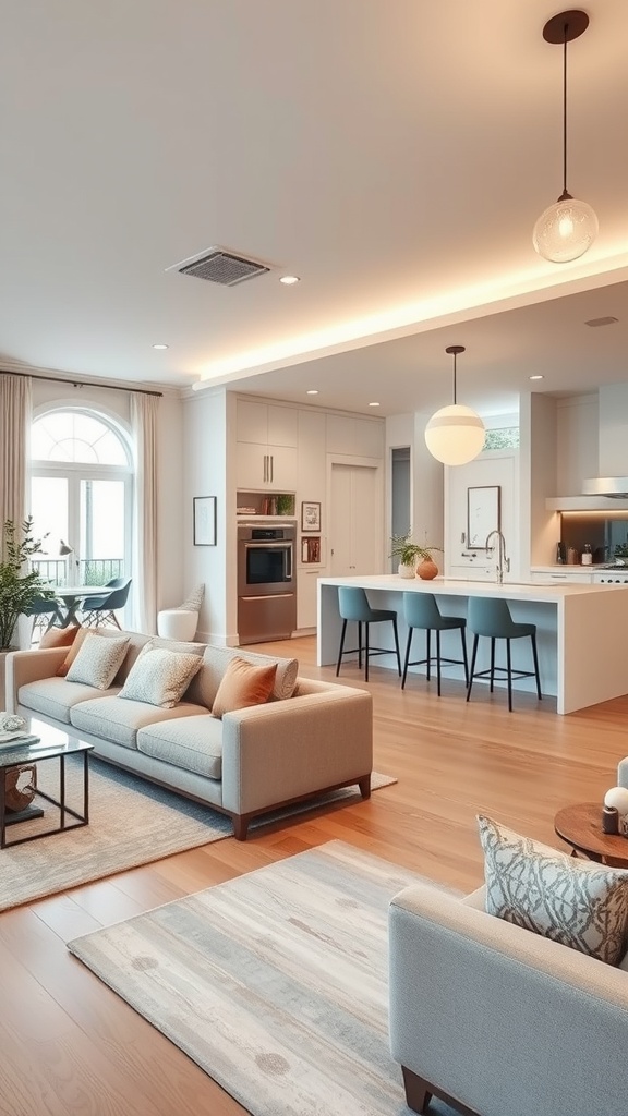 A modern open space living room and kitchen featuring stylish pendant lighting and recessed lights.