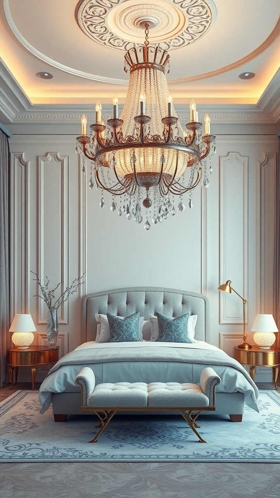 Luxurious bedroom featuring a grand chandelier and elegant decor