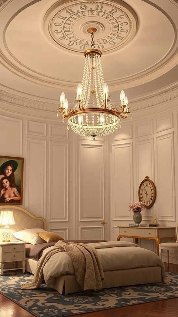 Elegant bedroom with a chandelier and warm decor
