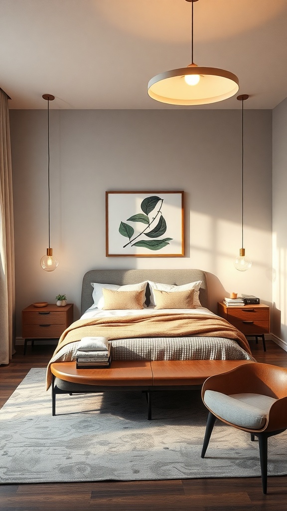 A mid-century modern bedroom featuring statement lighting fixtures above the bed.