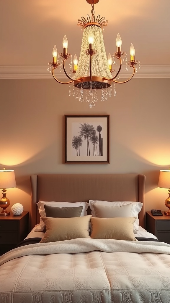 A cozy bedroom featuring a beautiful chandelier and warm bedside lamps.