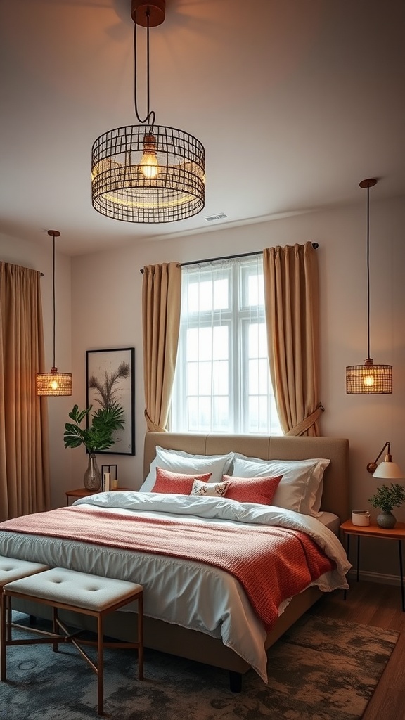 A modern Indian bedroom featuring stylish lighting fixtures, warm color tones, and a cozy ambiance.