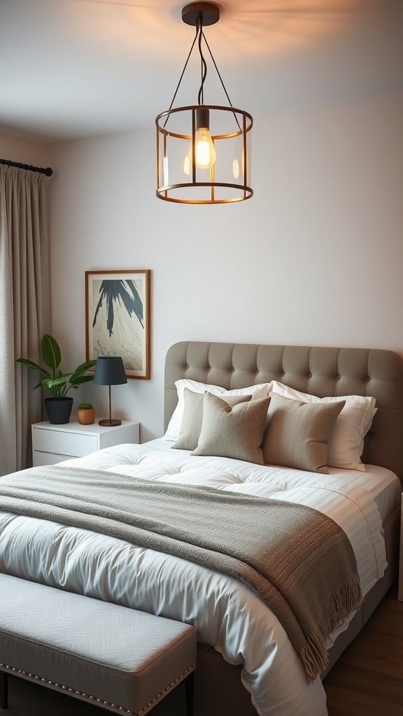 A cozy bedroom featuring a stylish pendant light, neutral bedding, and modern decor.