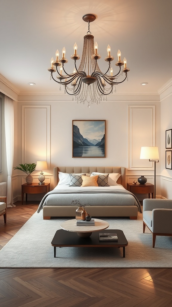 Elegant chandelier hanging in a stylish living room with modern decor.