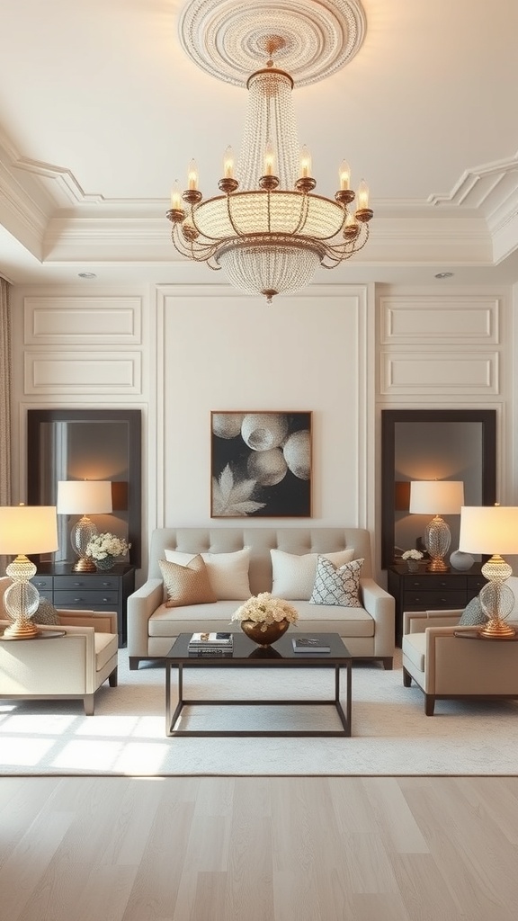 A formal living room featuring a chandelier and stylish table lamps.