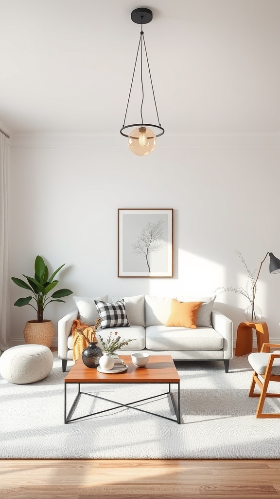 A minimalist living room featuring a stylish pendant light, a cozy sofa, and a coffee table.
