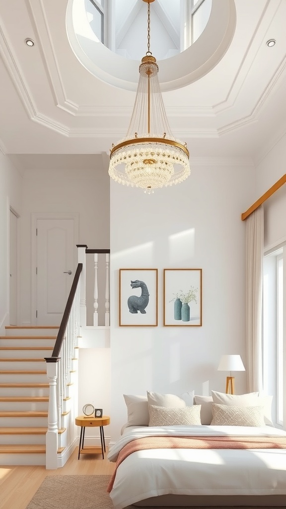 A stylish chandelier hanging above a staircase in a bright hallway