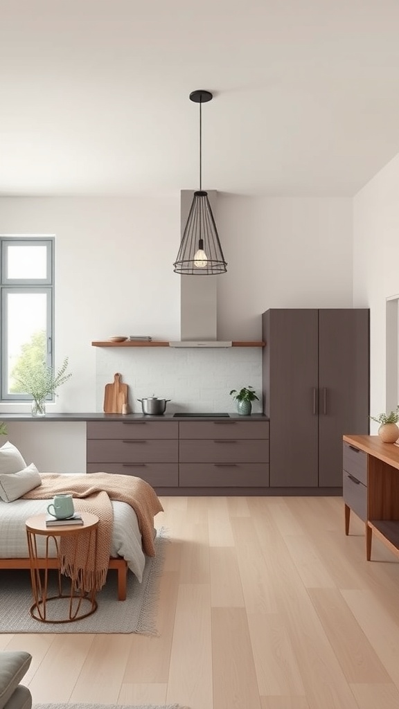 A minimalist kitchen featuring a striking pendant light fixture, modern cabinets, and a cozy seating area.