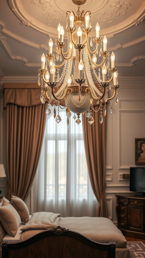 A luxurious chandelier hanging from an ornate ceiling in a beautifully decorated bedroom.