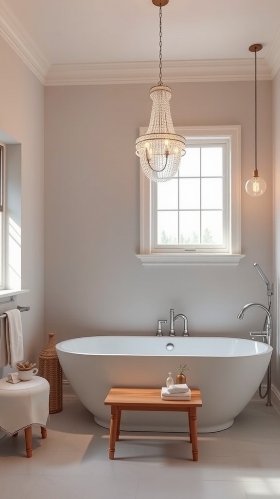 A modern bathroom featuring a chandelier and pendant light above a stylish bathtub.