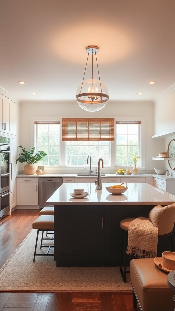 A modern kitchen with a pendant light over the island, showcasing a stylish and inviting space.
