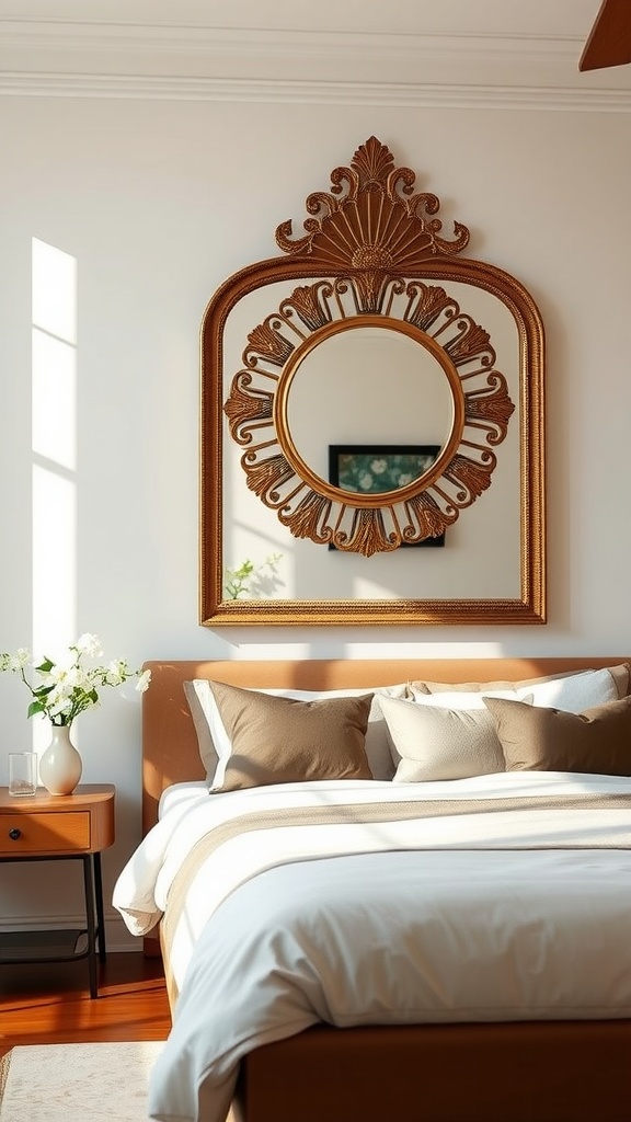 A stylish bedroom featuring a large ornate mirror above the bed, with soft bedding and a small nightstand with flowers.
