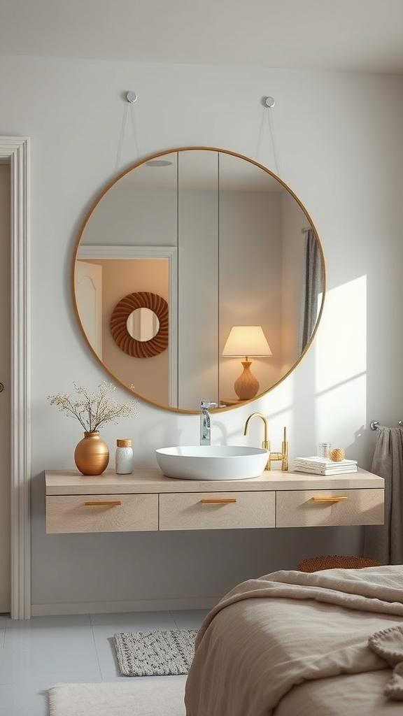 A stylish bathroom featuring a round mirror with a golden frame, a modern sink, and decorative elements.