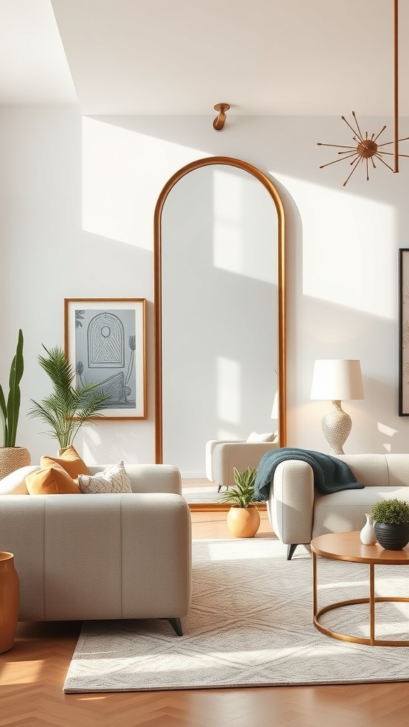 A stylish living room featuring a large arch-shaped mirror, cozy furniture, and warm decor.