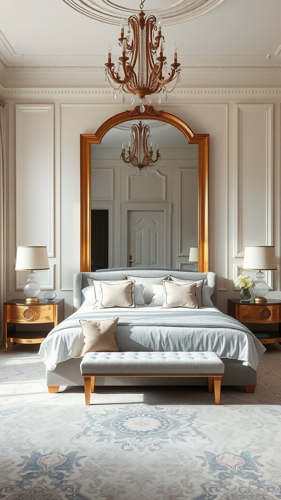 Elegant mansion bedroom featuring a large ornate mirror, chandelier, and stylish decor.