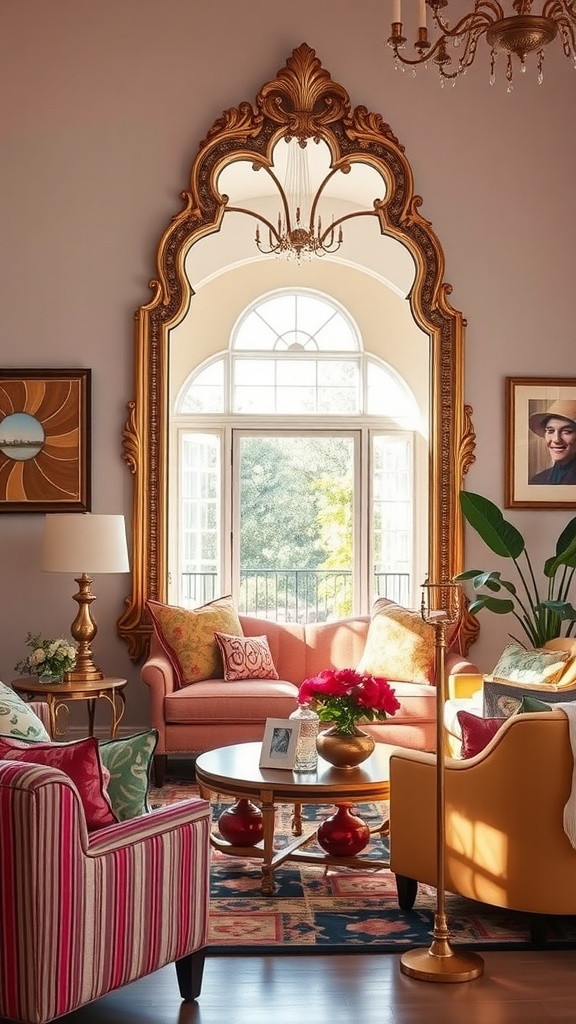 A large, ornate golden mirror reflecting a bright living room with colorful seating and decor.