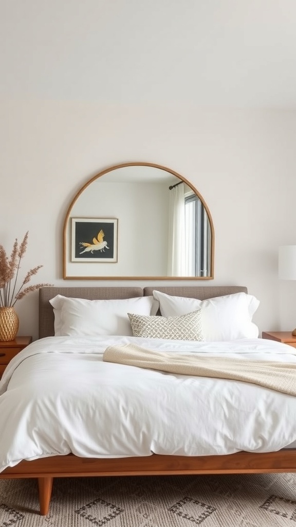 A mid-century modern bedroom featuring an arched mirror above the bed, wooden furniture, and a cozy atmosphere.