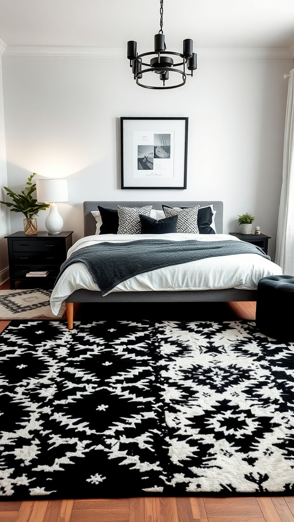 A monochrome black and white rug in a stylish bedroom with a bed, pillows, and decor.
