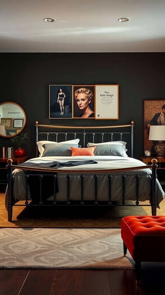 A stylish bedroom featuring an oversized metal bed frame with decorative elements