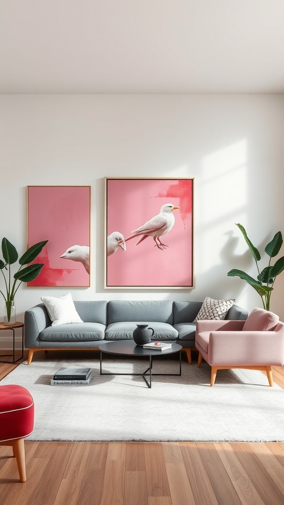 A bright living room featuring statement pink artwork with birds, grey sofa, and stylish decor.