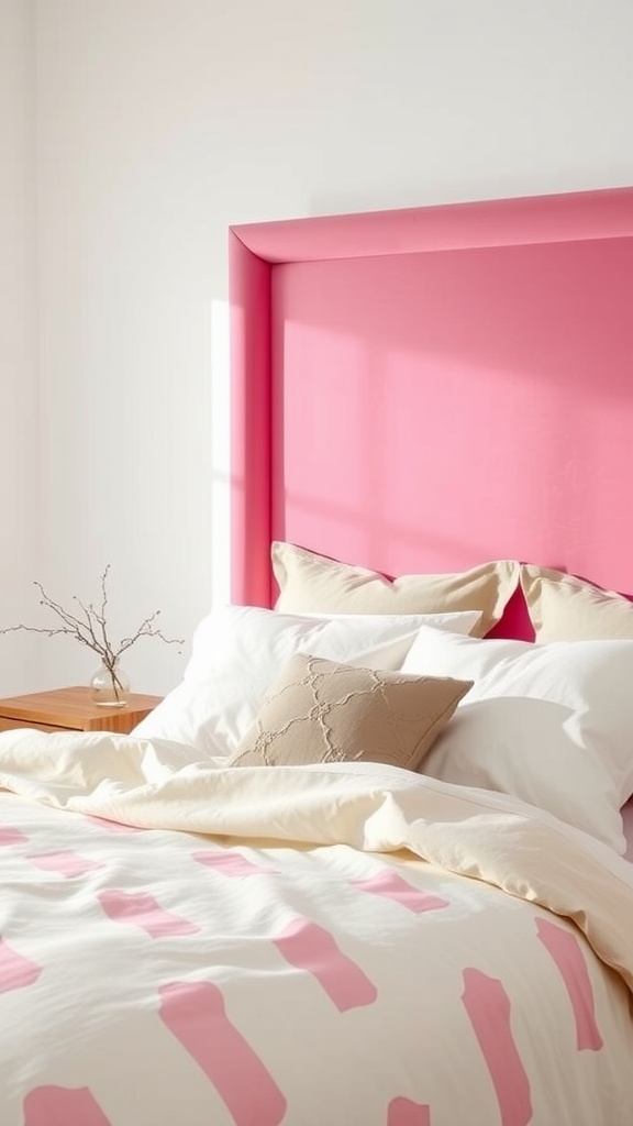 A bright pink headboard with neutral bedding, featuring a soft duvet and decorative pillows, against a light wall.
