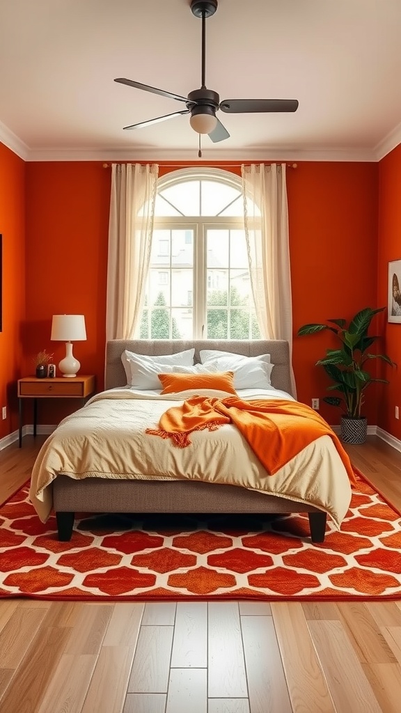 A cozy burnt orange bedroom featuring a geometric statement rug, a comfortable bed with neutral bedding, and a warm atmosphere.