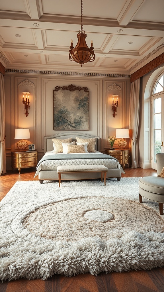 A luxurious bedroom featuring a plush circular rug, elegant furniture, and soft lighting.