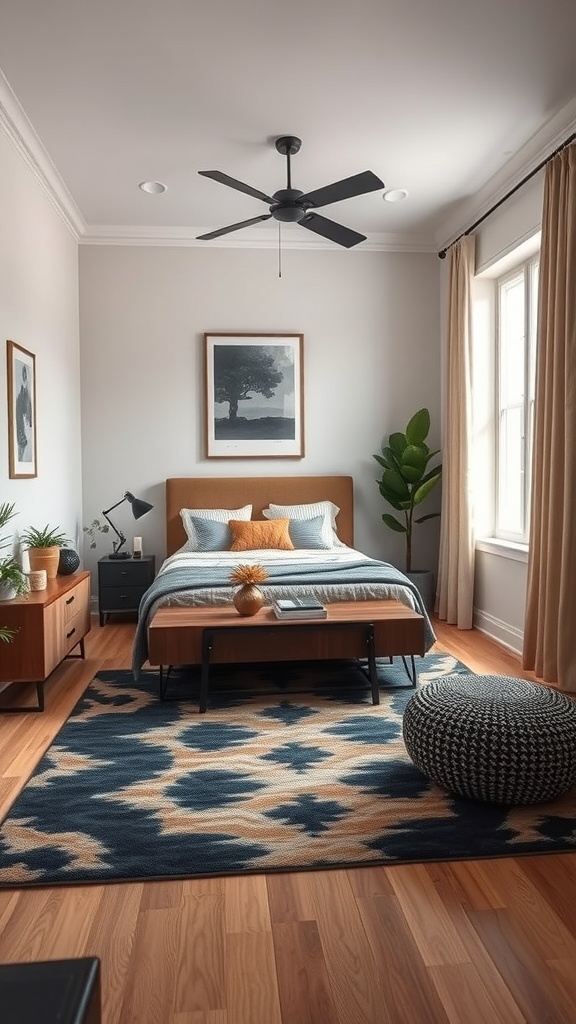 A masculine small bedroom featuring a statement rug, wooden furniture, and a cozy atmosphere.