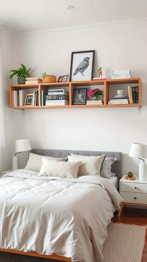 A cozy bedroom featuring a wooden shelving unit above the bed, displaying books, plants, and decorative items.