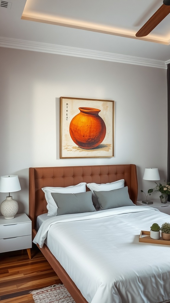 A cozy bedroom featuring a terracotta artwork above a stylish bed.