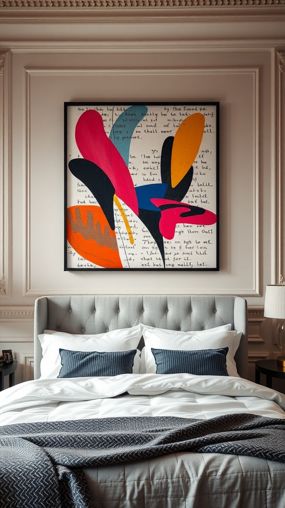 A colorful statement wall art piece featuring abstract shapes and text, hanging above a stylish bed with gray and navy bedding.