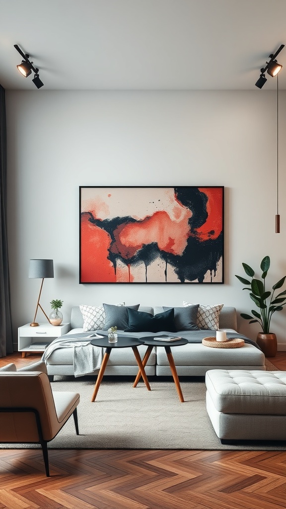 A stylish living room featuring a large abstract wall art piece in red and black, with modern furniture and plants.