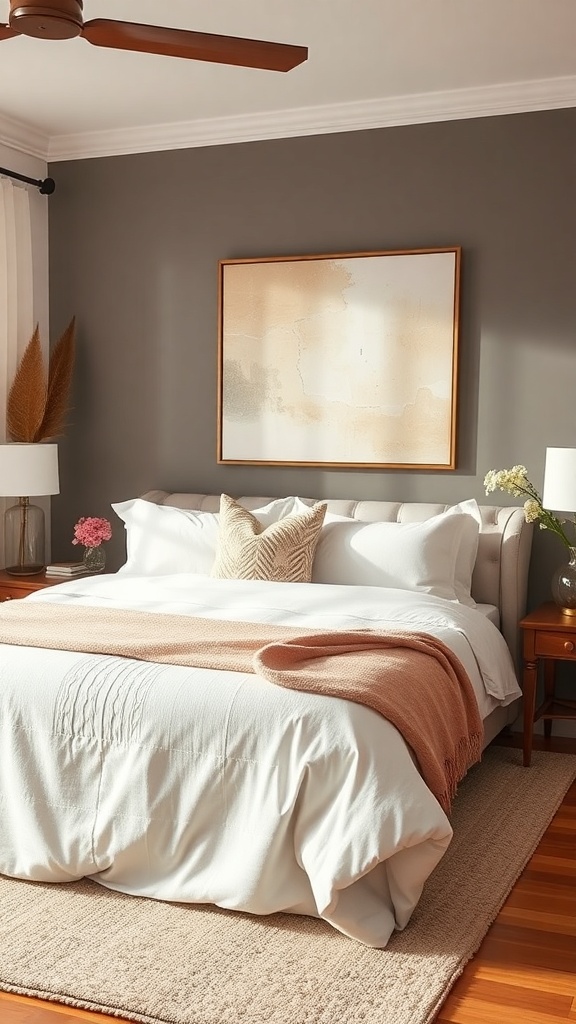 A chic bedroom featuring a large abstract wall art piece above a neatly made bed with soft linens and warm tones.