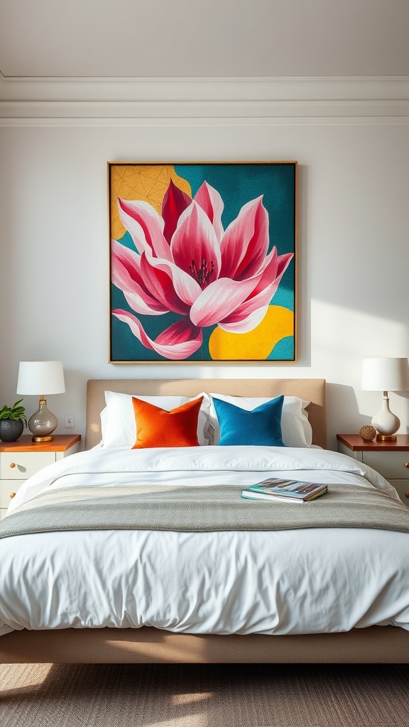 A primary bedroom featuring a large pink lotus flower painting above a bed with colorful pillows.